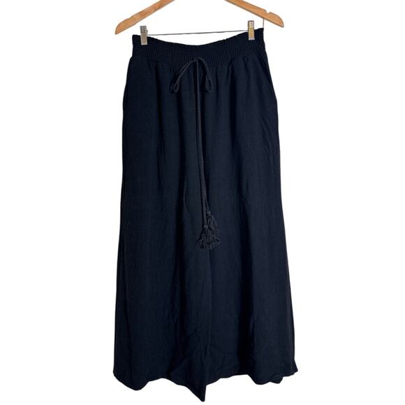 High Waisted Drawstring Women's Linen Blend Wide Leg Cropped Pants Size XL Black - Picture 1 of 6